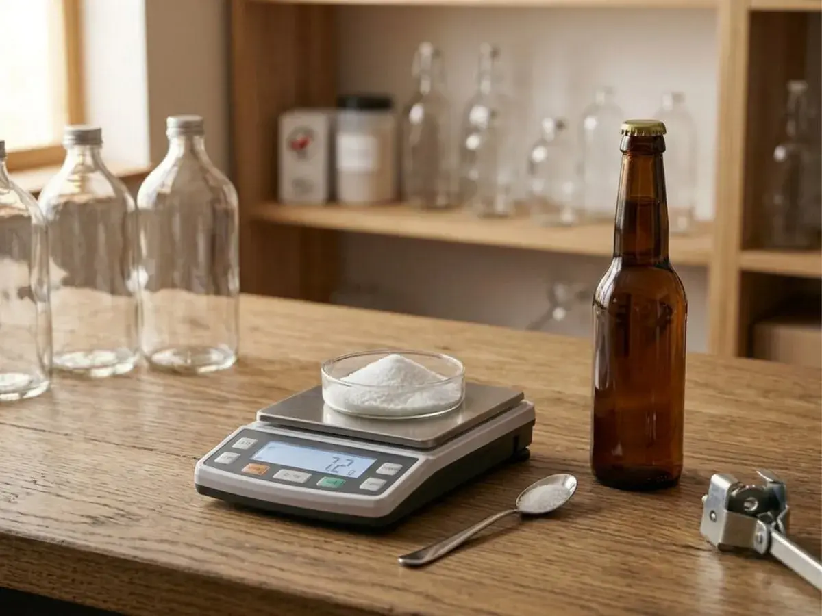 Préparation pour la fermentation bière : balance de précision, levure, bouteilles vides et une bouteille de bière ambrée.