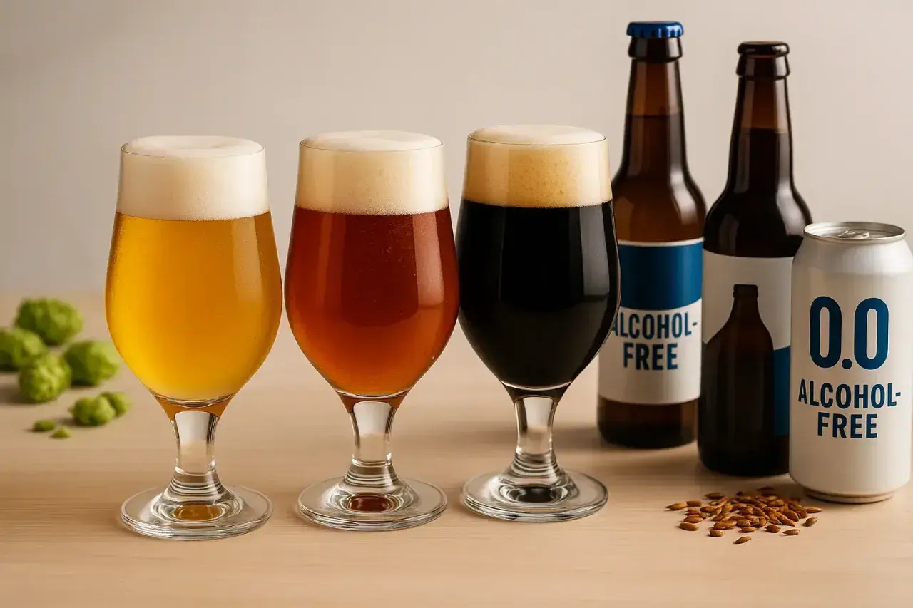 Trois verres de bière aux couleurs variées, des bouteilles et une canette "0.0 ALCOHOL-FREE". Une bière pas forte pour tous les goûts.