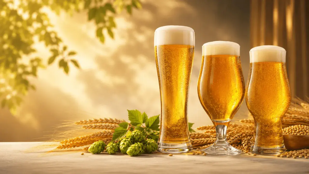 Trois verres de type de bière blonde pétillante, accompagnés de houblon frais et d'épis de blé dorés, sous une lumière chaude.