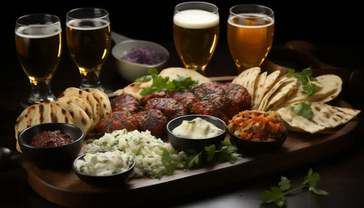 Un accord met et bière parfait : brochettes grillées, pains plats, sauces et bières ambrées.