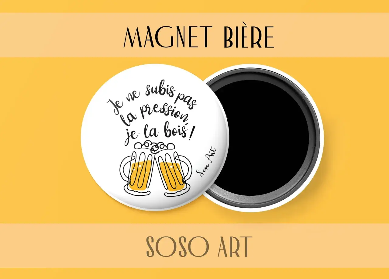 Aimant "Magnét Bière" avec un dicton humoristique sur la bière et deux verres stylisés.