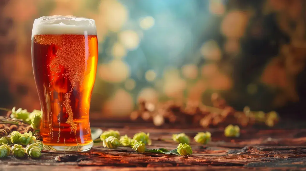 Un verre de bière ambrée mousseuse, entouré de cônes de houblon frais sur une table en bois. L'alcool, issu du houblon, promet une dégustation savoureuse.