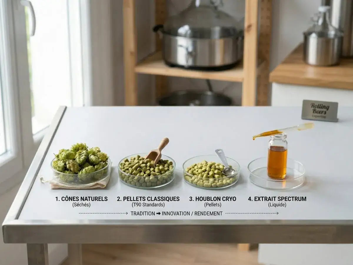 Quatre pr&eacute;sentations du houblon sec : c&ocirc;nes, pellets classiques, cryo et extrait liquide. De la tradition &agrave; l'innovation.