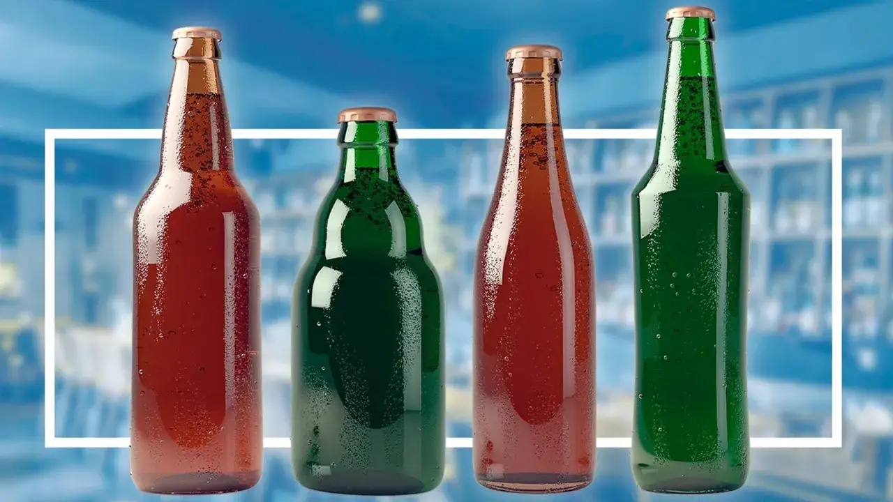 Quatre bouteilles de bière, deux ambrées et deux vertes, se dressent sur un fond bleu flou. Un bud et une Budweiser, prêts à être dégustés.