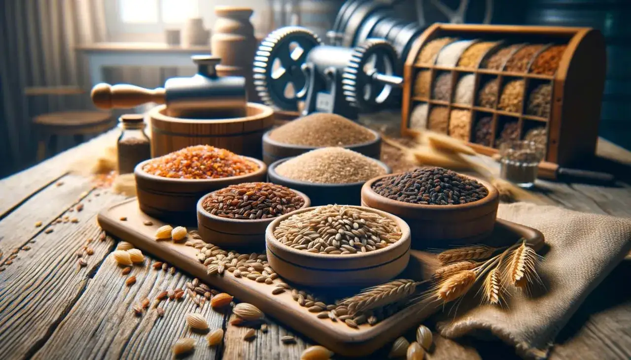 Bol de malt frais et divers grains sur une table en bois rustique, pr&ecirc;ts pour la fabrication de bi&egrave;re.
