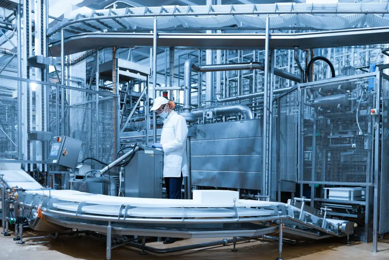 Un technicien supervise le brassage agroalimentaire dans une usine moderne, entouré de machines et de convoyeurs.