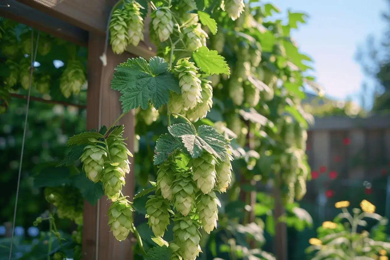 Des c&ocirc;nes de houblon verts pendent d'une treille en bois, illustrant comment pousse le houblon. Les feuilles luxuriantes et les fleurs en forme de c&ocirc;ne sont &eacute;clair&eacute;es par le soleil.