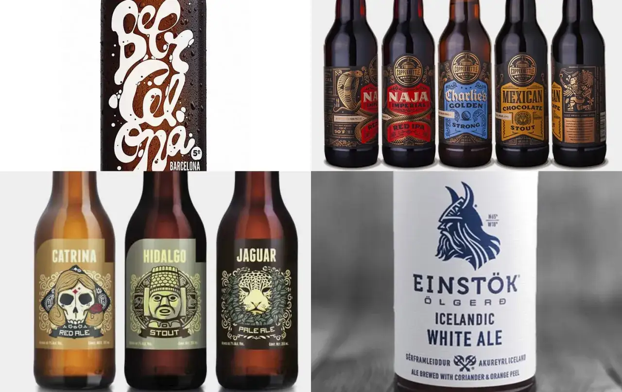 Collage de bouteilles de bière avec des étiquettes aux noms originaux :