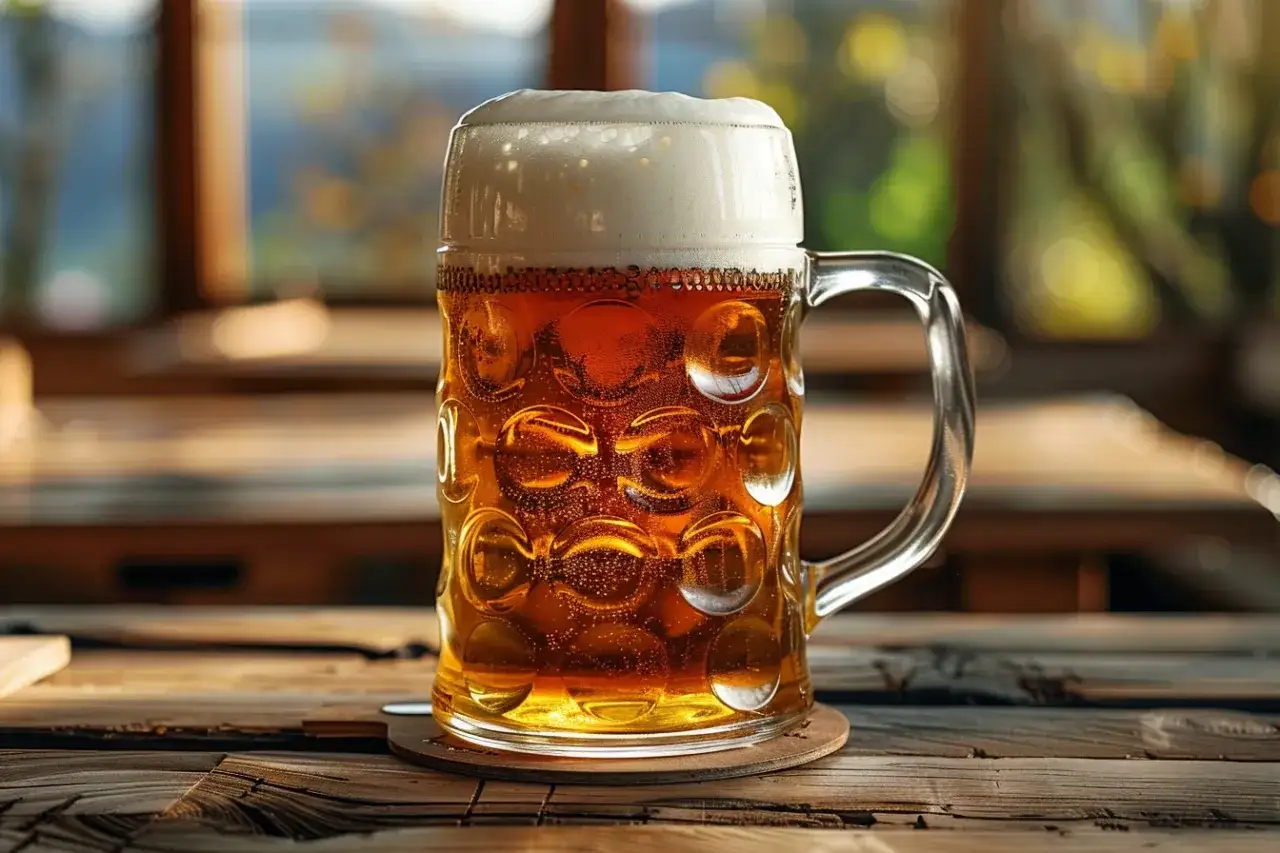 Une chope de bi&egrave;re allemande, dor&eacute;e et mousseuse, sur une table en bois. L'ambiance &eacute;voque une brasserie typique.