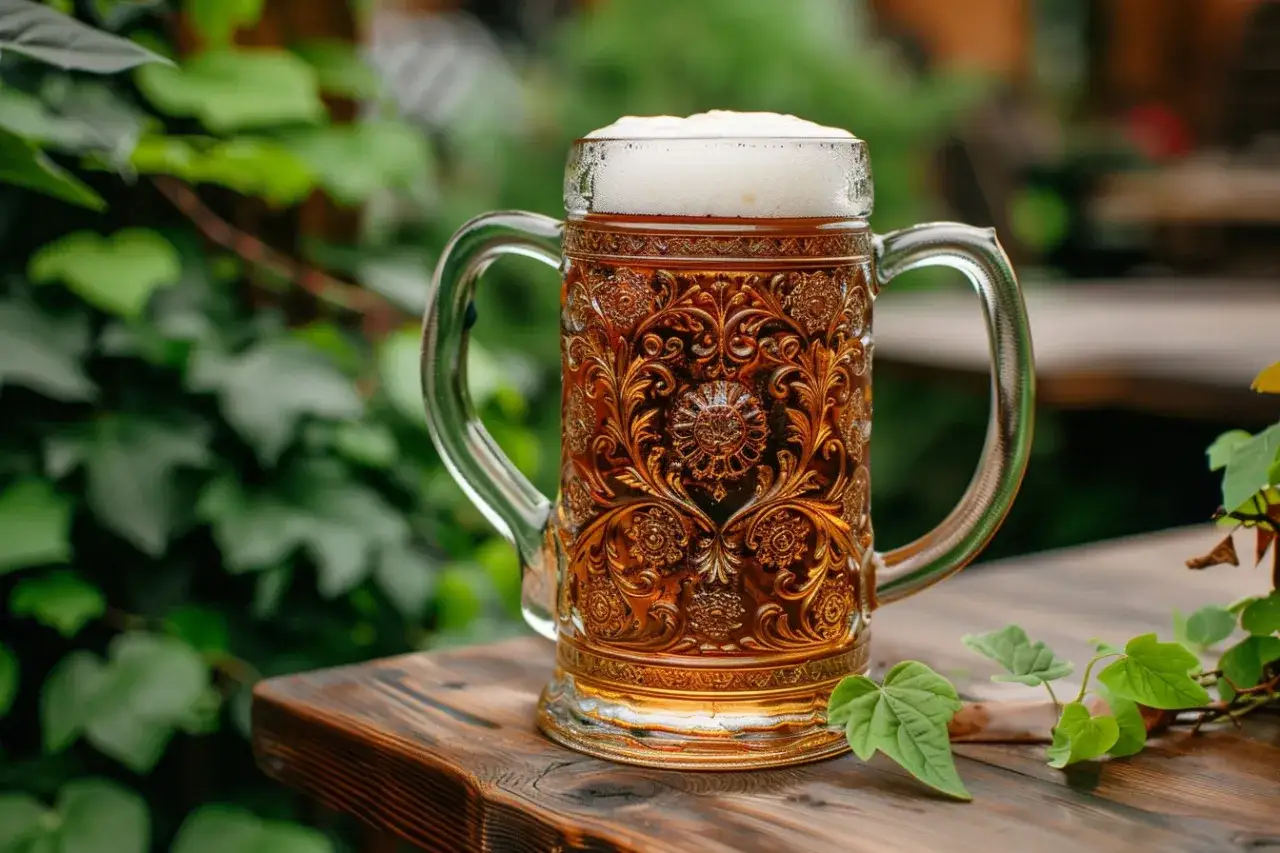 Un grand verre à bière orné, rempli d'une bière ambrée mousseuse, sur une table en bois. La scène évoque la dégustation de la meilleur bière allemande.