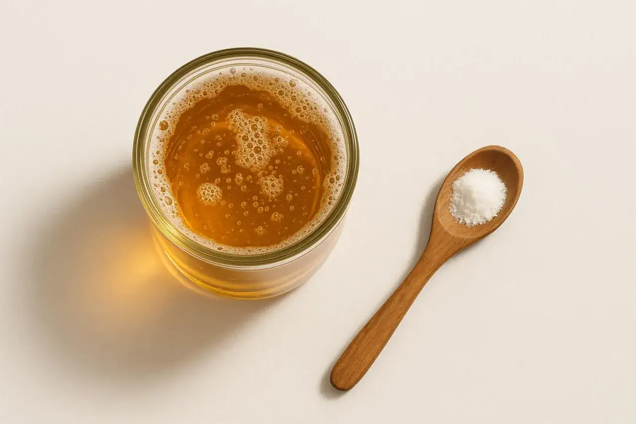 Verre de bi&egrave;re p&eacute;tillante &agrave; c&ocirc;t&eacute; d'une cuill&egrave;re en bois remplie de sel, sugg&eacute;rant une bi&egrave;re laxative.
