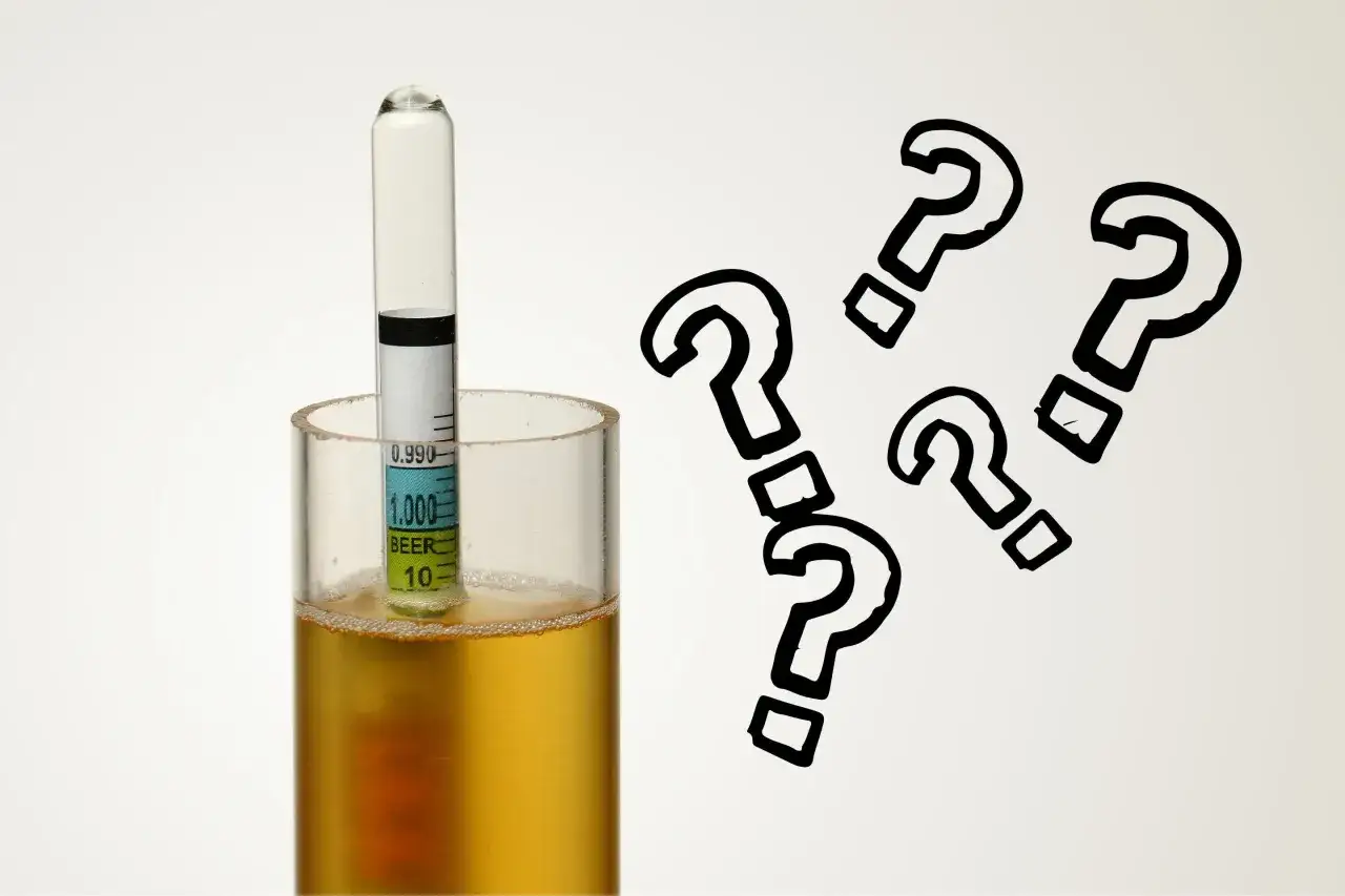 Densit&eacute; IPA : un densim&egrave;tre dans un verre de bi&egrave;re, entour&eacute; de points d'interrogation. Quel sera le r&eacute;sultat ?