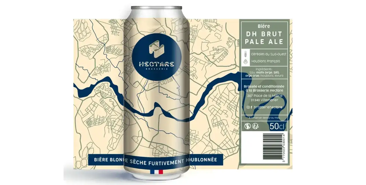 Bière blonde DH Brut Pale Ale de la Brasserie Hectare, sans sirop de glucose, aux céréales du Sud-Ouest et houblons français. Carte stylisée en fond.