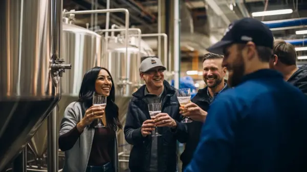 Un groupe d'amis rit et trinque avec des verres de bière dans une brasserie, près d'immenses cuves en acier. Une dégustation de Camden beer.
