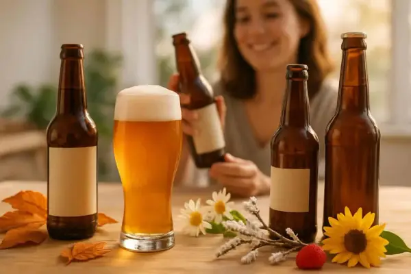 Une femme souriante tient une bouteille de bière rouge. Une chope de bière dorée et d'autres bouteilles sont sur la table.